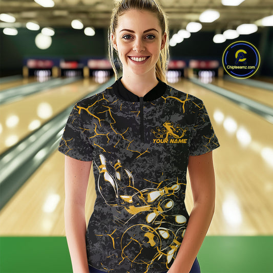 Custom Black And Yellow Camo Bowling Team Women Quarter-Zip Shirts, Bowling League Shirt IPHW9371