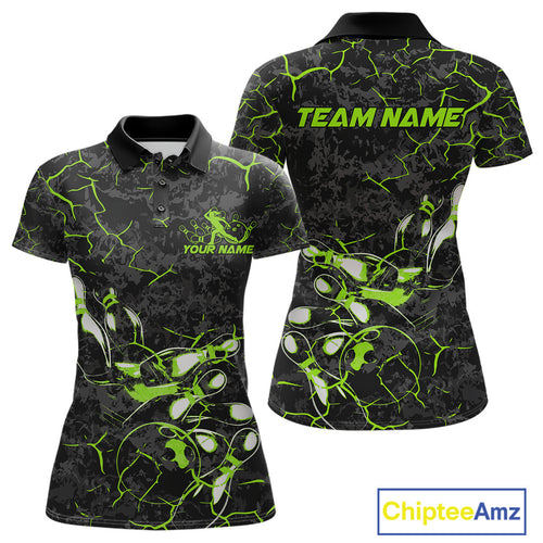 Custom Black And Green Camo Bowling Team Polo Shirts For Women, Bowling League Shirt IPHW9372
