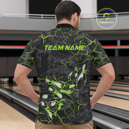 Custom Black And Green Camo Bowling Team Quarter-Zip Shirts For Men, Bowling League Shirt IPHW9372