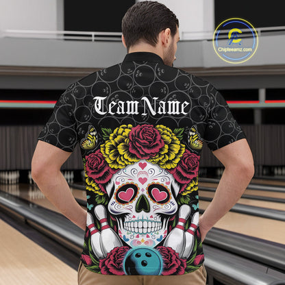 Custom Flower Sugar Skull Bowling Team Quarter-Zip Shirts For Men, Halloween Bowler Outfit IPHW9750