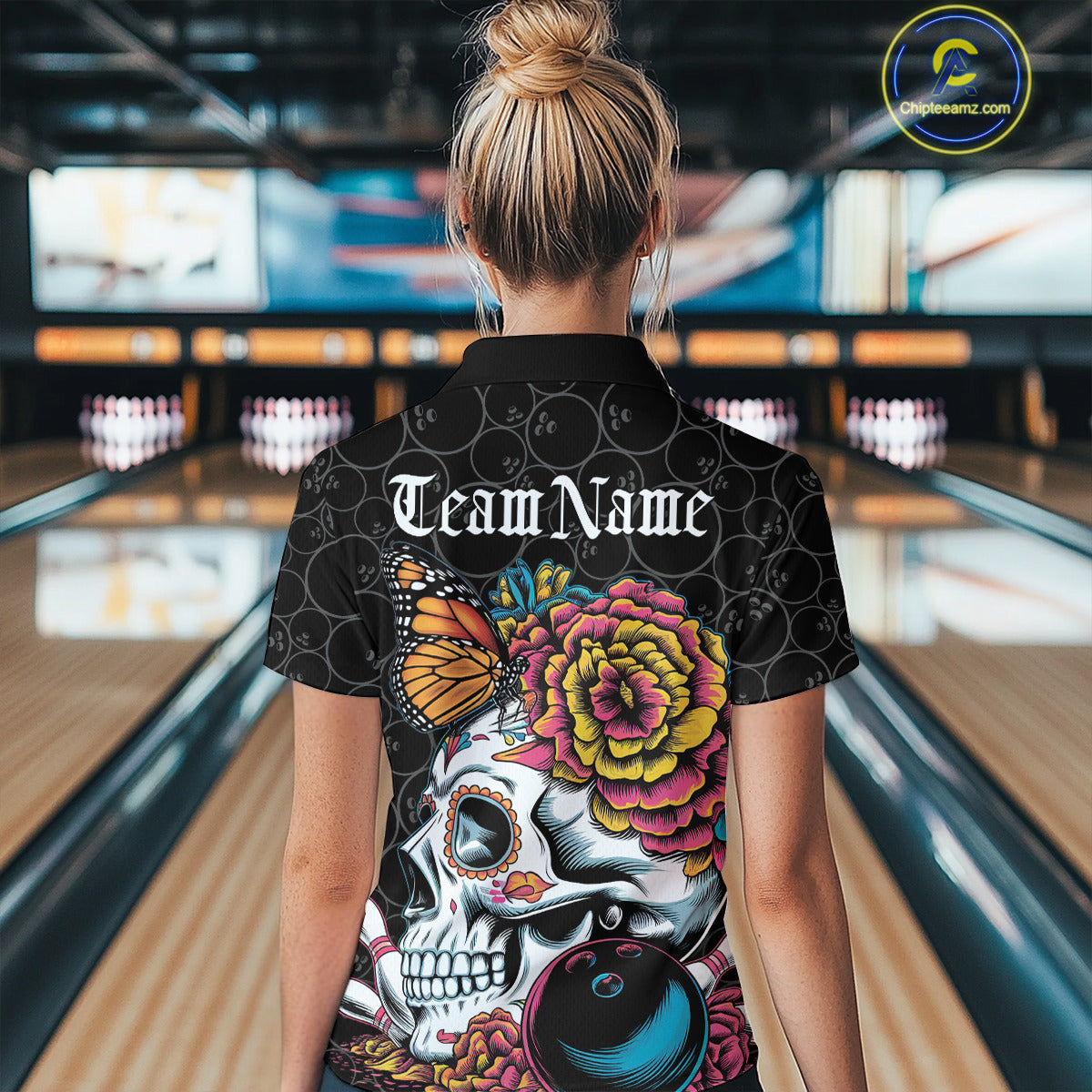 Custom Colorful Sugar Skull Bowling Team Women Quarter-Zip Shirt, Halloween Bowler Outfit IPHW9751