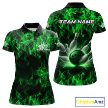 Load image into Gallery viewer, Custom Black And Green Flame Bowling Team Women Polo Shirts, Bowling Tournament Shirt IPHW9755