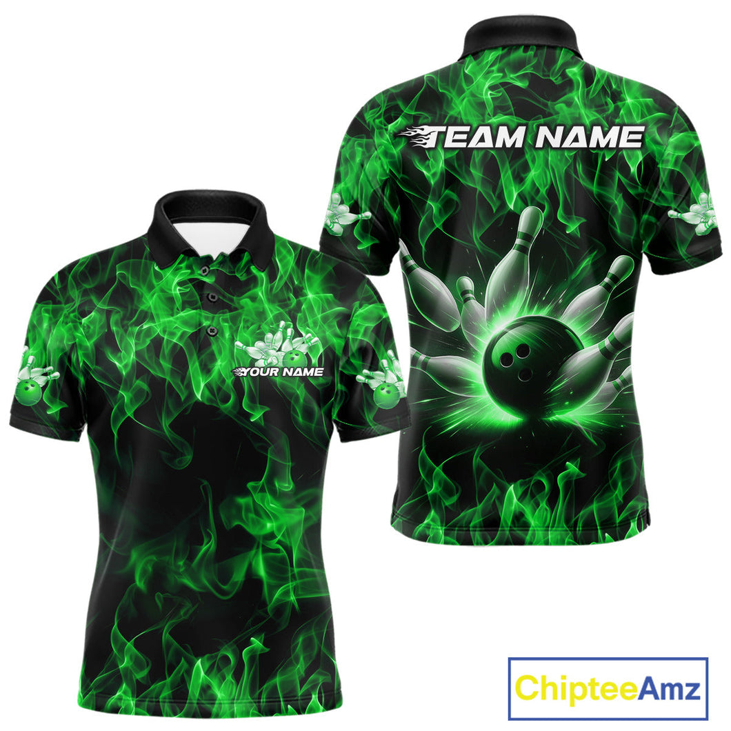 Custom Black And Green Flame Bowling Team Men Polo Shirts, Bowling Tournament Shirt IPHW9755