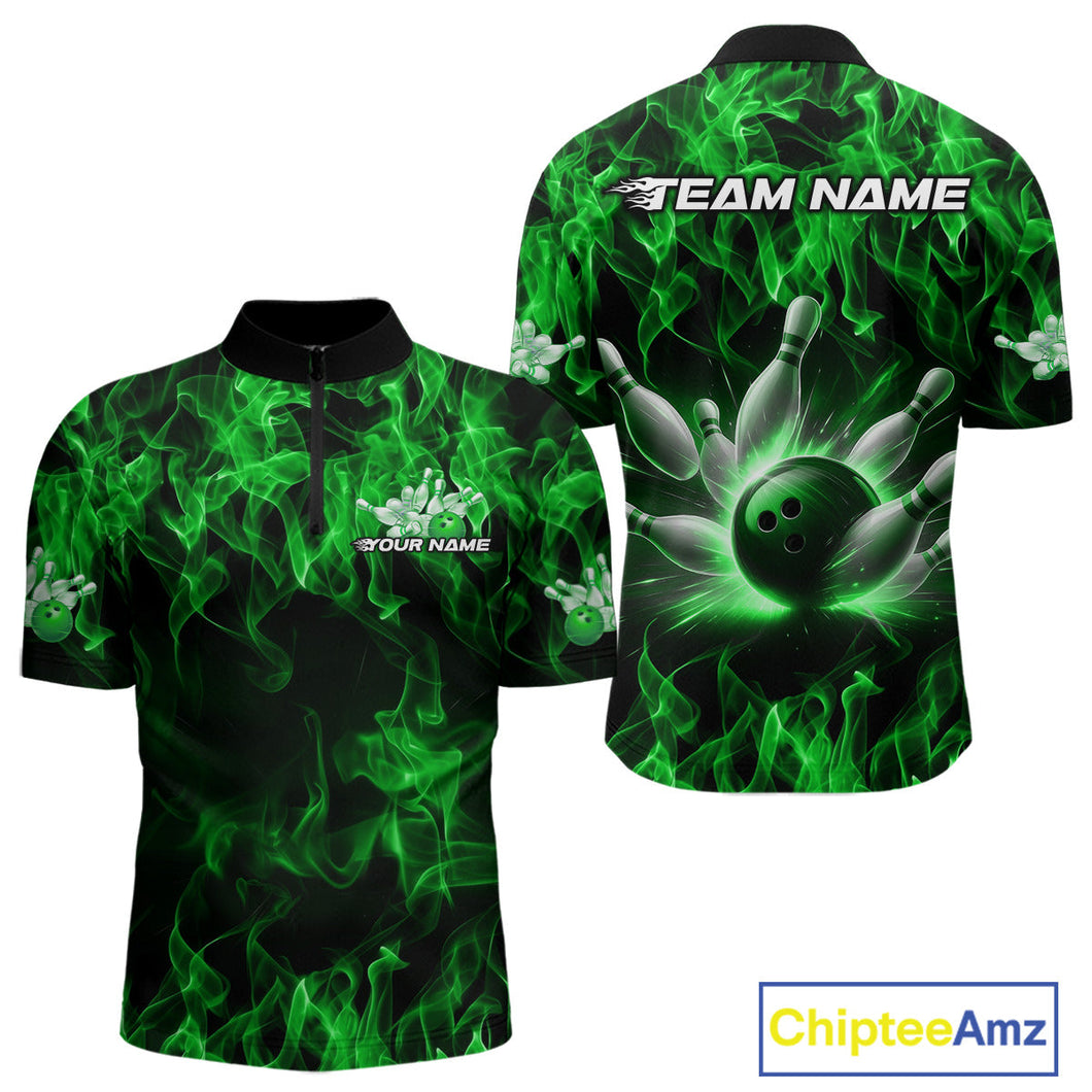 Custom Black And Green Flame Bowling Team Men Quarter-Zip Shirts, Bowling Tournament Shirt IPHW9755