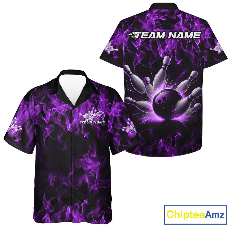Custom Black And Purple Flame Bowling Team Men And Women Hawaiian Shirts, Bowling Tournament Shirt IPHW9756
