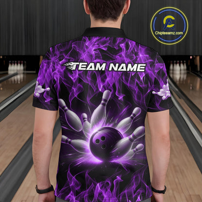 Custom Black And Purple Flame Bowling Team Men Polo Shirts, Bowling Tournament Shirt IPHW9756