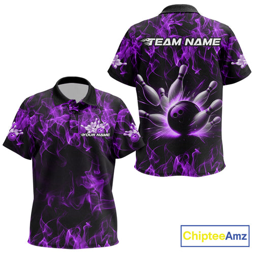 Custom Black And Purple Flame Bowling Team Kid Polo Shirts, Bowling Tournament Shirt IPHW9756