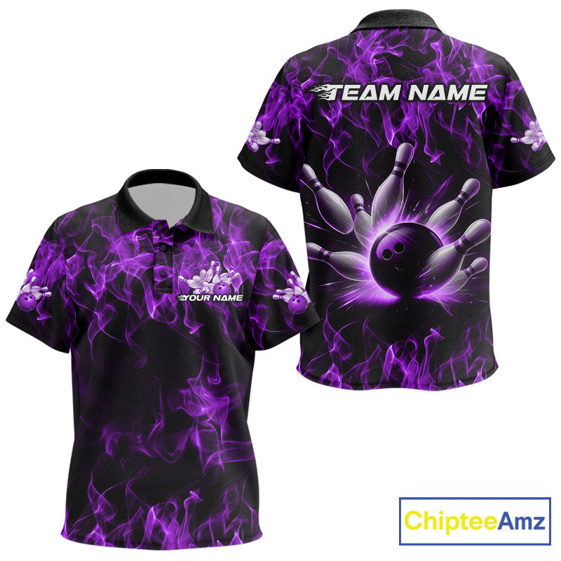 Custom Black And Purple Flame Bowling Team Kid Polo Shirts, Bowling Tournament Shirt IPHW9756