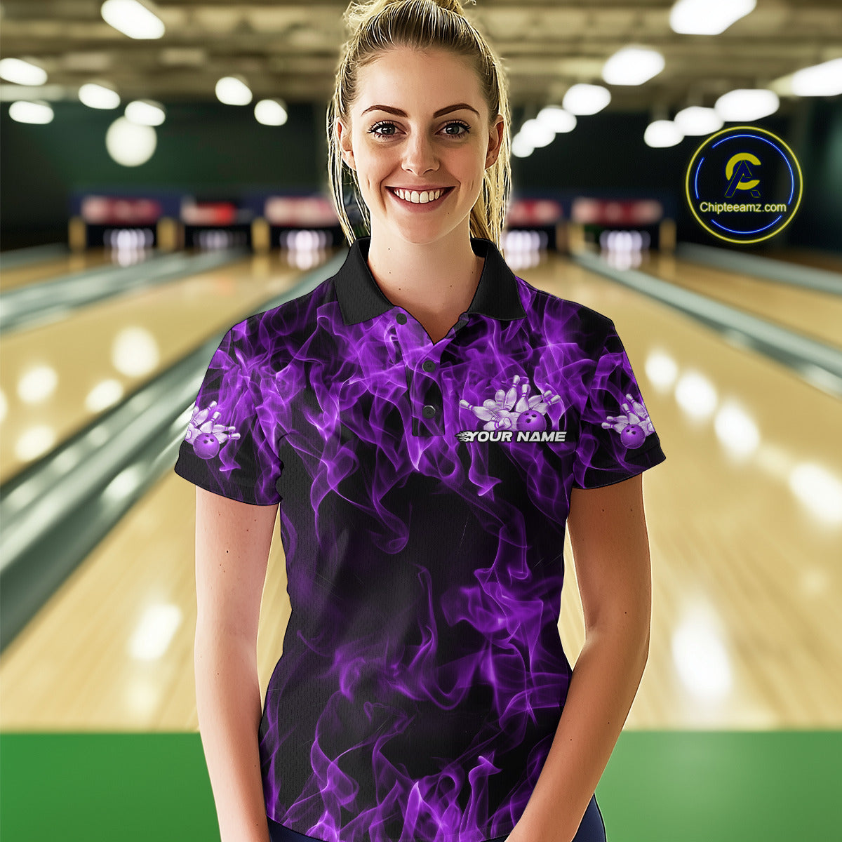 Custom Black And Purple Flame Bowling Team Women Polo Shirts, Bowling Tournament Shirt IPHW9756