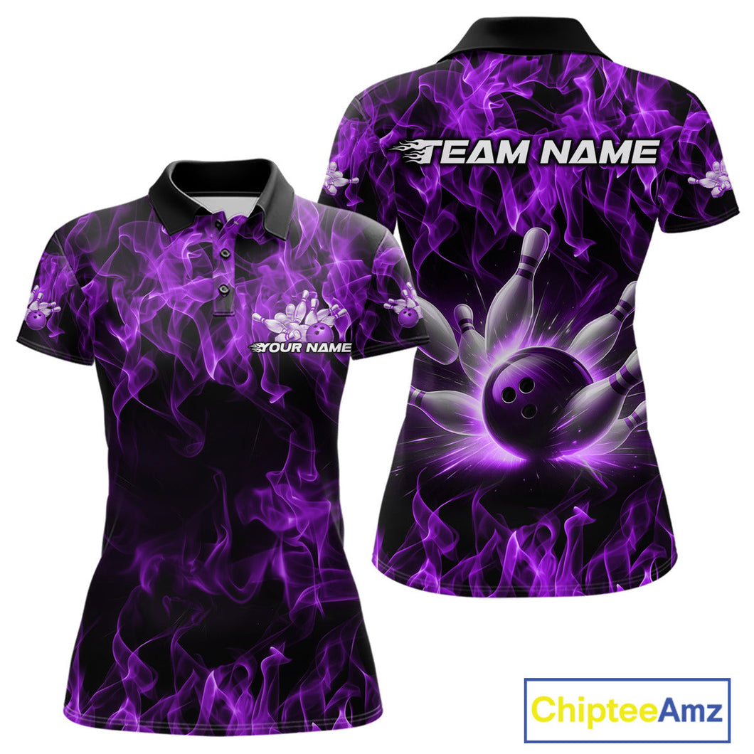 Custom Black And Purple Flame Bowling Team Women Polo Shirts, Bowling Tournament Shirt IPHW9756