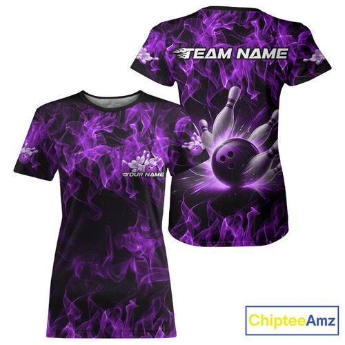 Custom Black And Purple Flame Bowling Team Women T-Shirts Shirts, Bowling Tournament IPHW9756