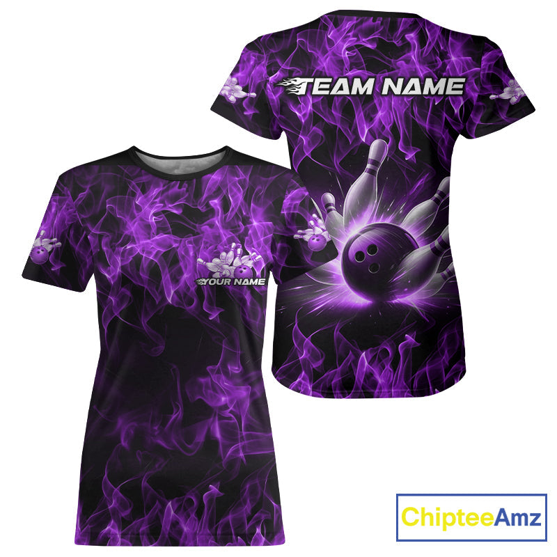 Custom Black And Purple Flame Bowling Team Women T-Shirts Shirts, Bowling Tournament IPHW9756