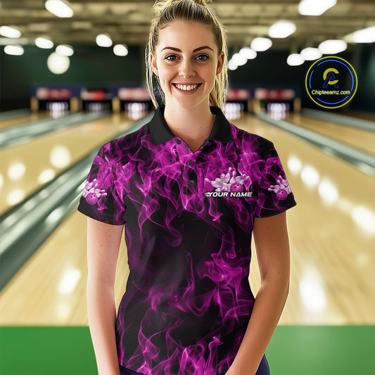 Custom Black And Pink Flame Bowling Team Women Polo Shirts, Bowling Tournament Shirt IPHW9757