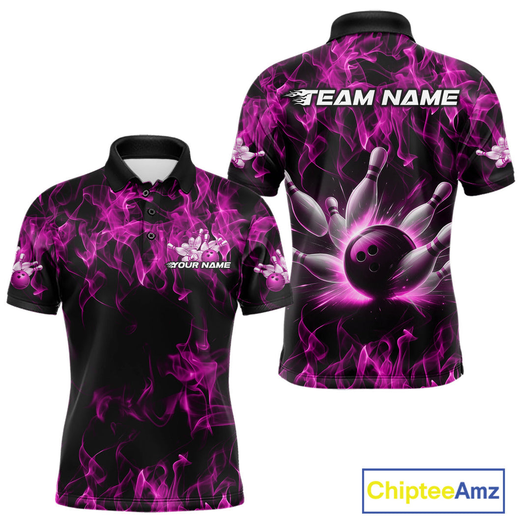 Custom Black And Pink Flame Bowling Team Men Polo Shirts, Bowling Tournament Shirt IPHW9757