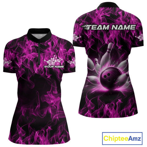 Custom Black And Pink Flame Bowling Women Quarter-Zip Shirts, Bowling Tournament Shirt IPHW9757