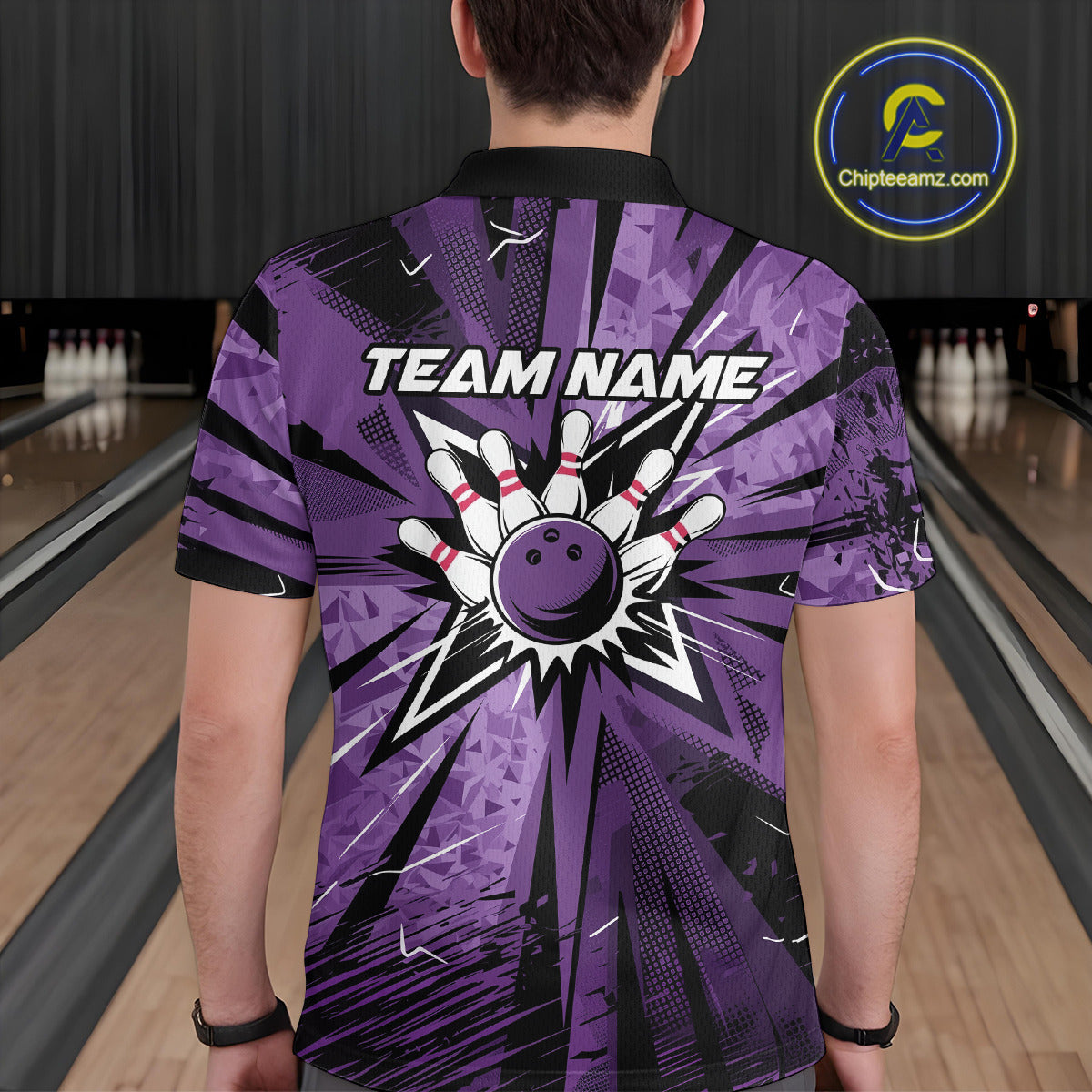 Custom Black And Purple Camouflage Bowling Team Polo Shirts For Men, Bowling League Shirt IPHW9383
