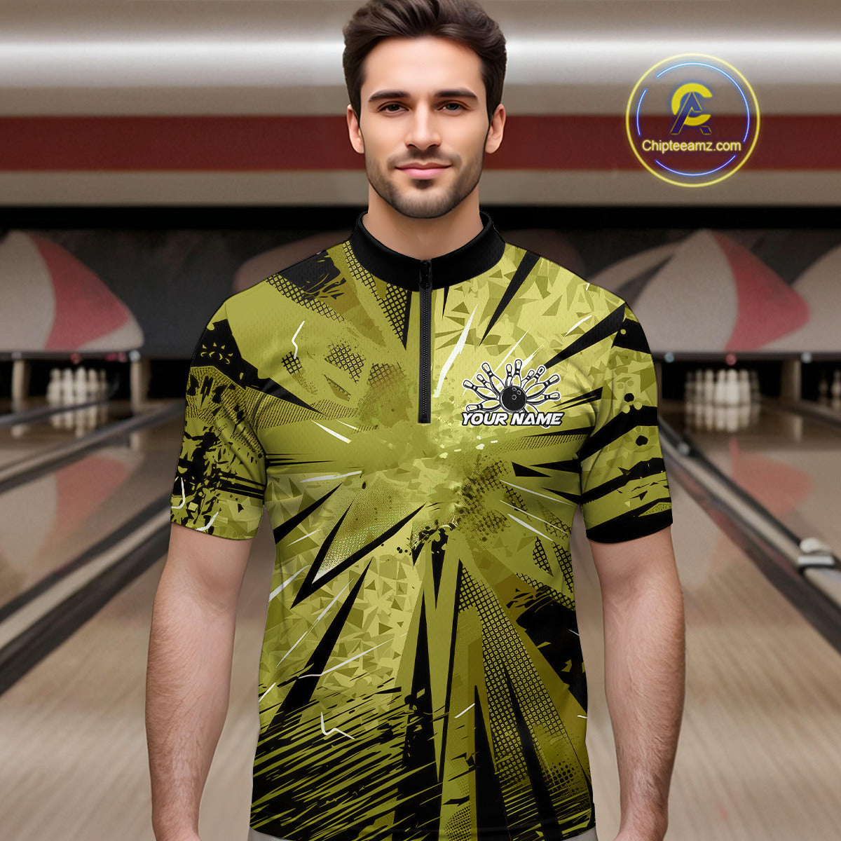 Custom Military Green Camouflage Bowling Team Quarter-Zip Shirts For Men, Bowling League Shirt IPHW9384