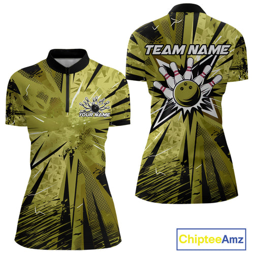 Custom Military Green Camo Bowling Team Women Quarter-Zip Shirts, Bowling League Shirt IPHW9384
