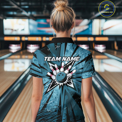 Custom Blue Camouflage Bowling Team Women Quarter-Zip Shirts, Bowling League Shirt IPHW9385