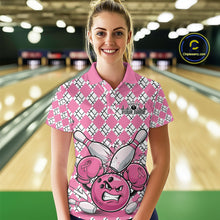 Load image into Gallery viewer, Custom Pink Argyle Pattern Funny Breast Cancer Fighter Bowling Polo Shirts For Women IPHW9396