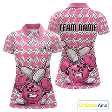 Load image into Gallery viewer, Custom Pink Argyle Pattern Funny Breast Cancer Fighter Bowling Polo Shirts For Women IPHW9396