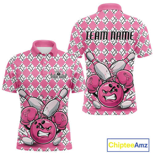 Custom Pink Argyle Pattern Funny Breast Cancer Fighter Bowling Polo Shirts For Men IPHW9396