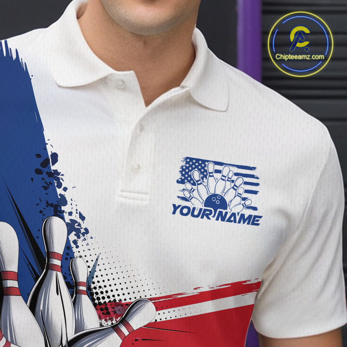 Personalized Red, White And Blue Patriotic US Flag Bowling Polo Shirts For Men Team IPHW9543