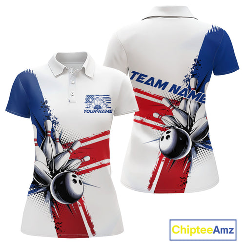 Personalized Red, White And Blue Patriotic US Flag Bowling Polo Shirts For Women Team IPHW9543