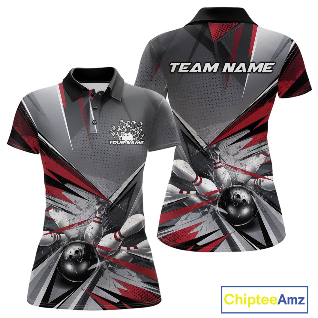 Custom Red And Gray Bowling Polo Team Shirt For Women, Bowler Outfit Bowling League Shirt IPHW9557