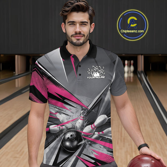 Custom Pink And Gray Bowling Polo Team Shirts For Men, Bowler Outfit Bowling League Shirt IPHW9558