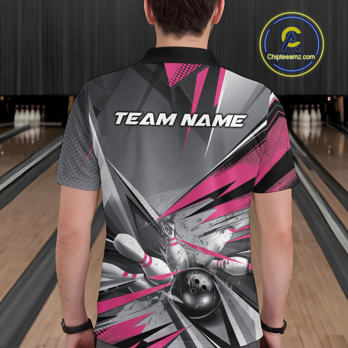 Custom Pink And Gray Bowling Polo Team Shirts For Men, Bowler Outfit Bowling League Shirt IPHW9558