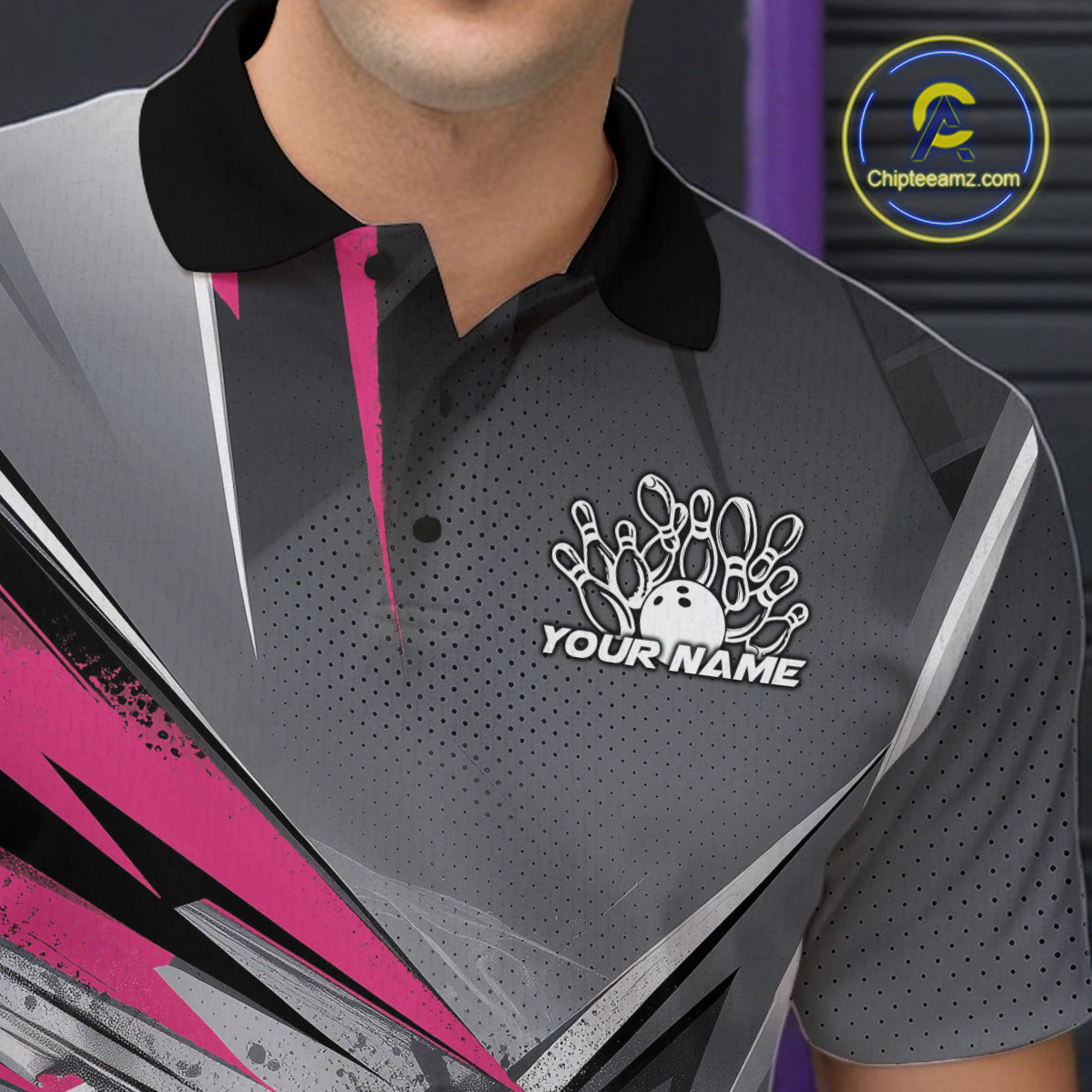 Custom Pink And Gray Bowling Polo Team Shirts For Men, Bowler Outfit Bowling League Shirt IPHW9558