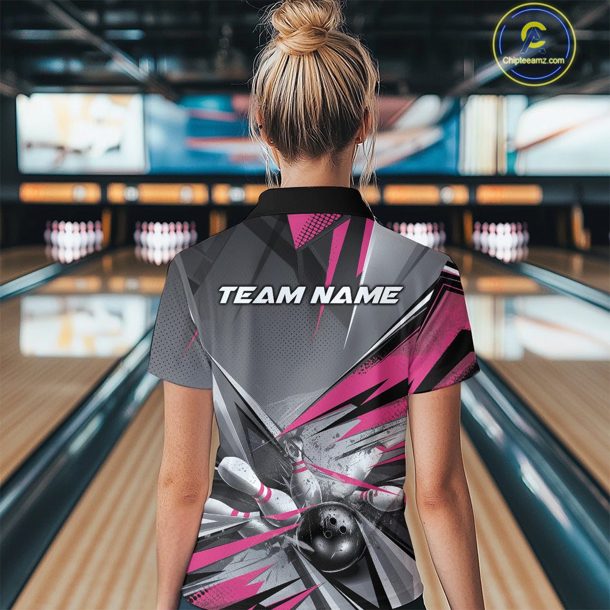 Custom Pink And Gray Bowling Polo Shirts For Women, Bowler Outfit Bowling League Shirt IPHW9558