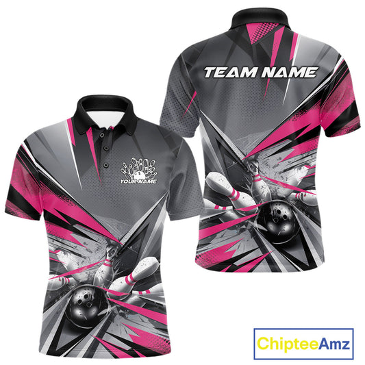 Custom Pink And Gray Bowling Polo Team Shirts For Men, Bowler Outfit Bowling League Shirt IPHW9558