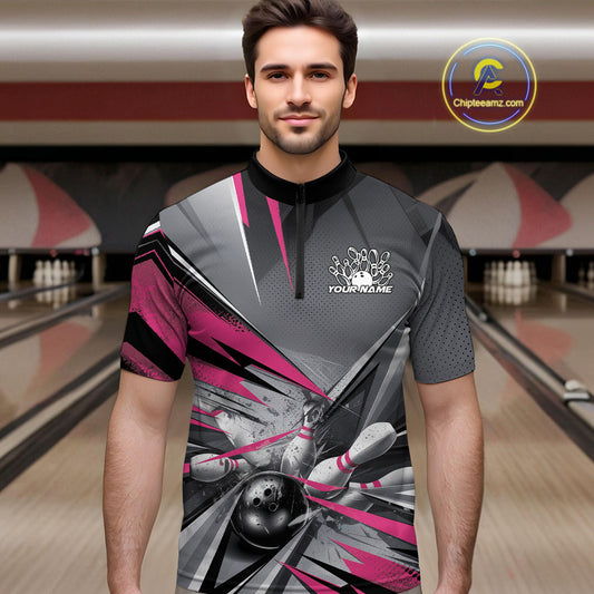 Custom Pink And Gray Bowling Quarter-Zip Team Shirts For Men, Bowler Outfit Bowling League Shirt IPHW9558