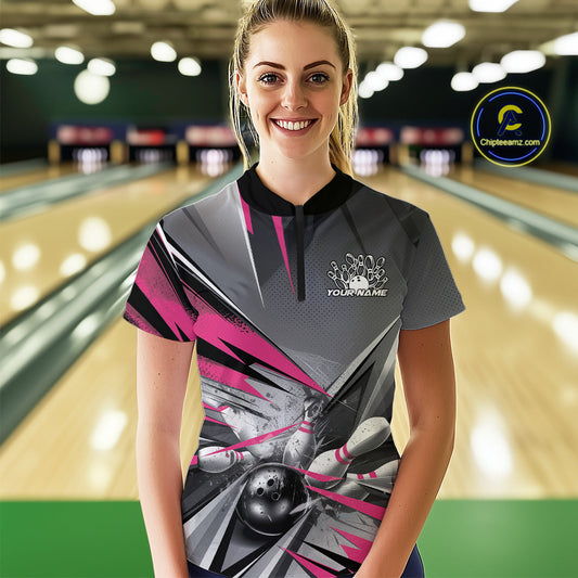 Custom Pink And Gray Bowling Women Quarter-Zip Shirts, Bowler Outfit Bowling League Shirt IPHW9558