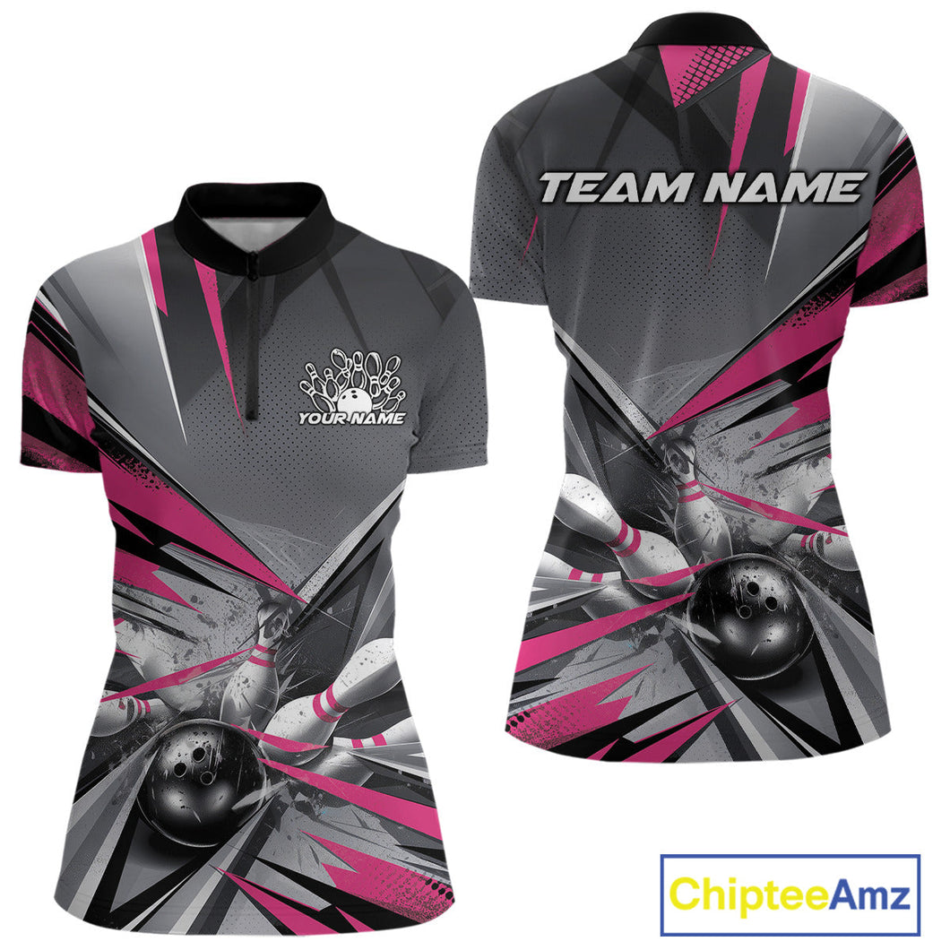 Custom Pink And Gray Bowling Women Quarter-Zip Shirts, Bowler Outfit Bowling League Shirt IPHW9558