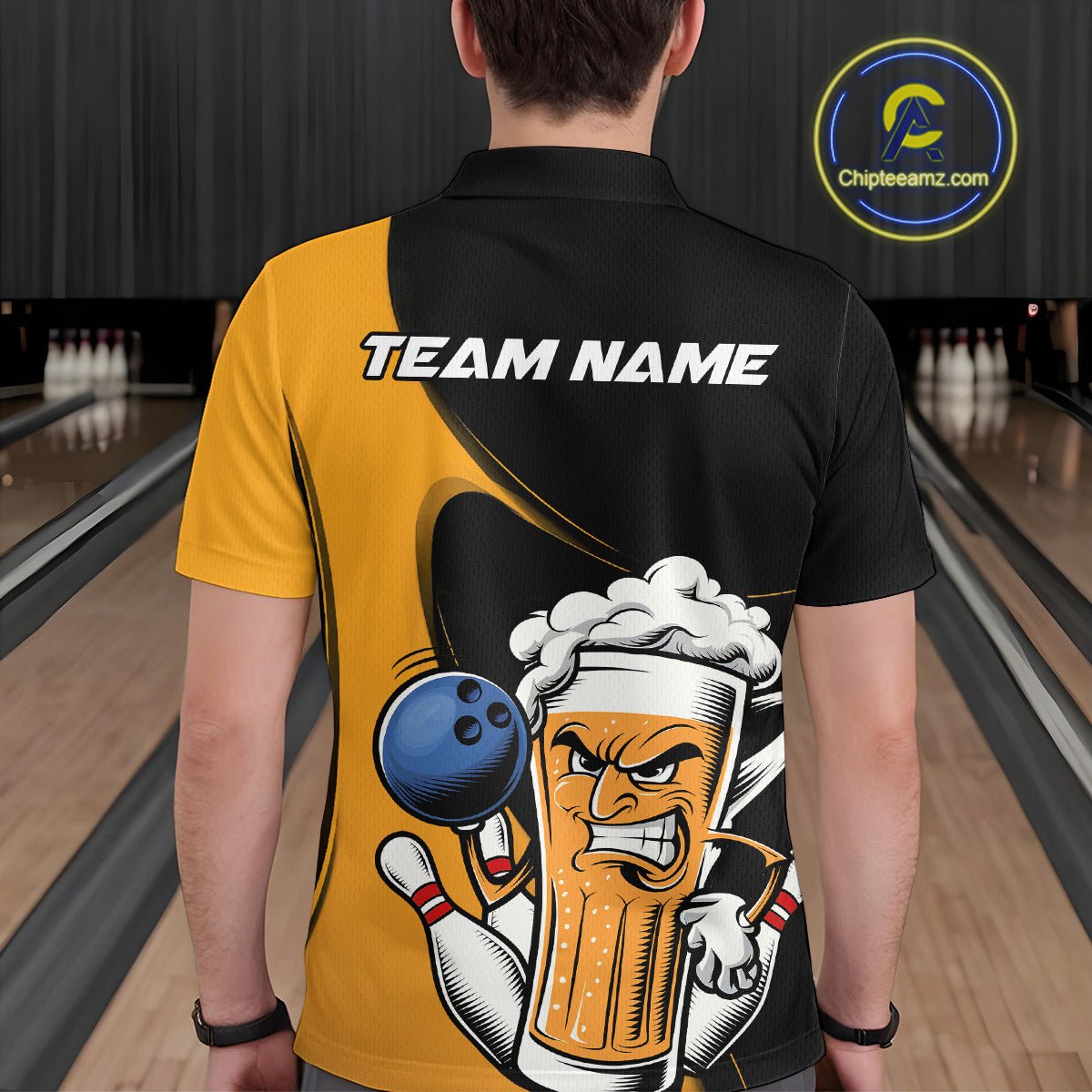 Custom Funny Black And Yellow Bowling And Beer Polo Shirts For Men, Bowling League Shirt IPHW9609
