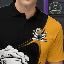 Load image into Gallery viewer, Custom Funny Black And Yellow Bowling And Beer Polo Shirts For Men, Bowling League Shirt IPHW9609