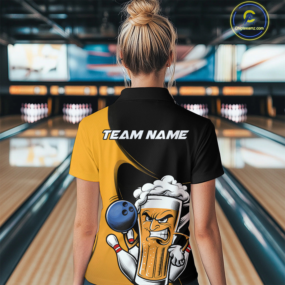 Custom Funny Black And Yellow Bowling And Beer Women Polo Shirts, Bowling League Shirt IPHW9609