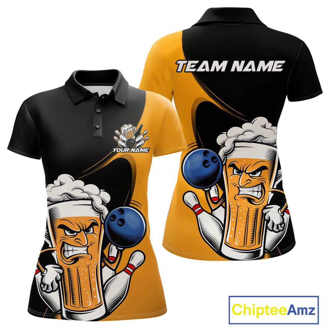 Custom Funny Black And Yellow Bowling And Beer Women Polo Shirts, Bowling League Shirt IPHW9609