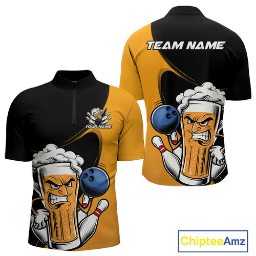 Custom Funny Black And Yellow Bowling And Beer Quarter-Zip Shirts For Men, Bowling League Shirt IPHW9609