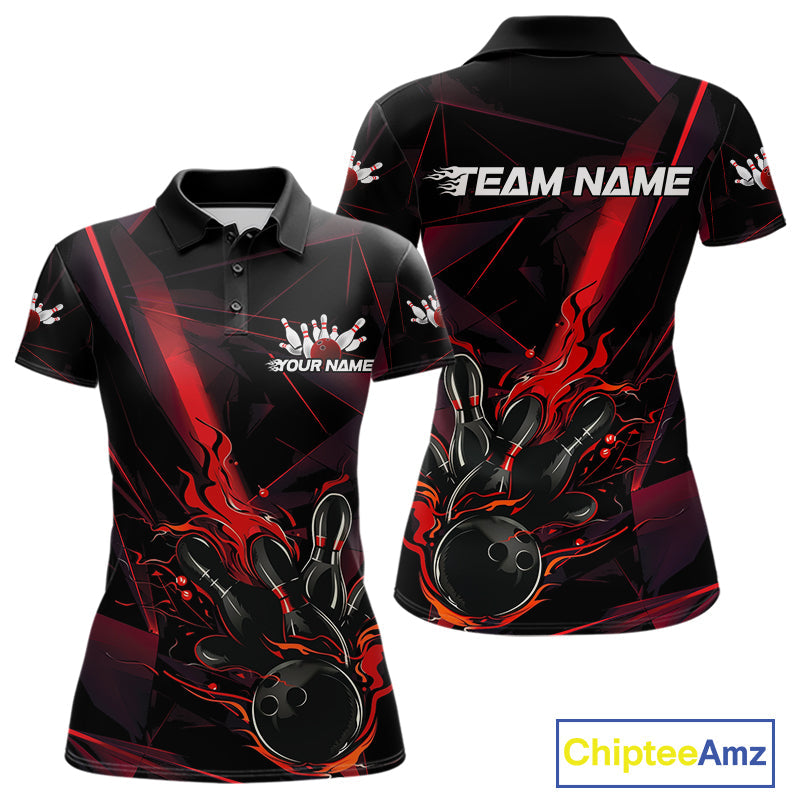 Custom Black And Red Flame Bowling Team Women Polo Shirts, Fire Bowling Jerseys IPHW9612