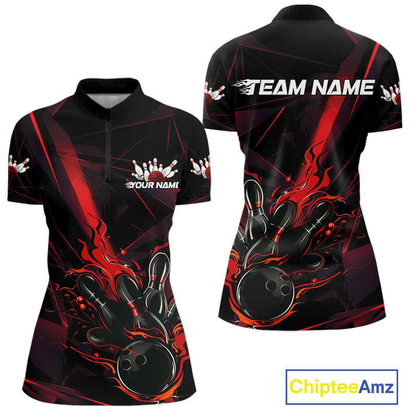 Custom Black And Red Flame Bowling Team Women Quarter-Zip Shirts, Fire Bowling Jerseys IPHW9612