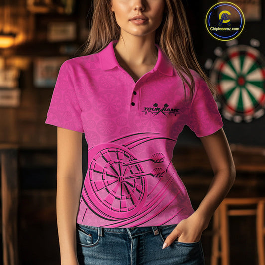 Custom Pink Darts Polo Shirts For Women, Pink Dartboard Dart Team Jerseys For Players IPHW9635