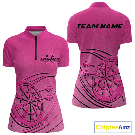 Custom Pink Darts Quarter-Zip Shirts For Women, Pink Dartboard Dart Team Jerseys IPHW9635