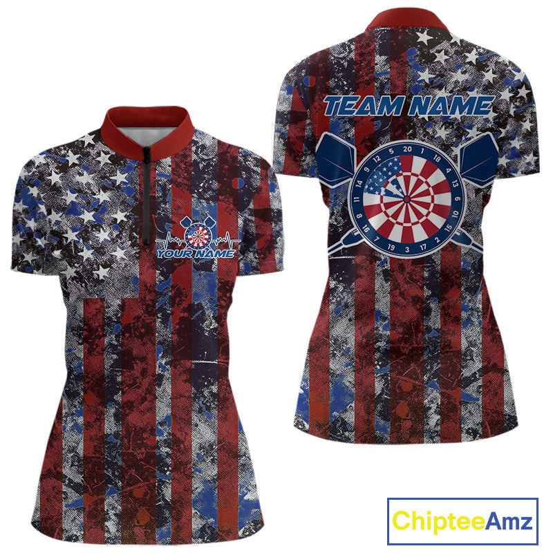 Custom US Flag Camo Patriotic Dart Quarter-Zip Shirts For Women, Dart Jersey Team Uniform IPHW9695