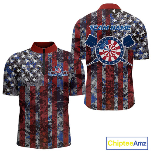 Custom US Flag Camo Patriotic Dart Quarter-Zip Shirts For Men, Dart Jersey Dart Team Uniform IPHW9695