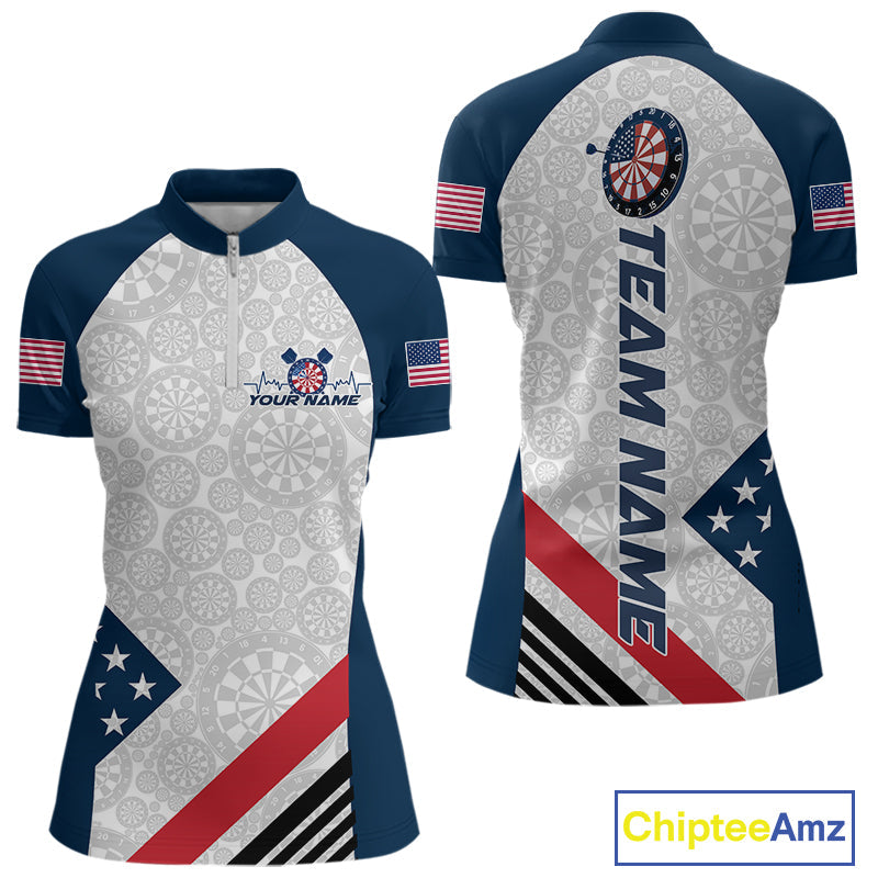 Custom Patriotic Dart Jerseys For Players, US Flag Dart Team Quarter-Zip Shirts For Women IPHW9696