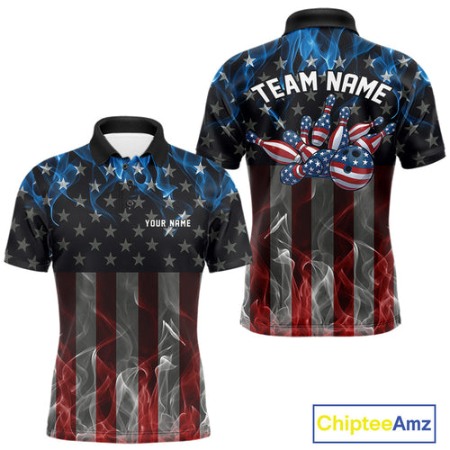 Custom Red And Blue Flame American Flag Patriotic Bowling Men Polo Shirts, Team Uniform IPHW9715
